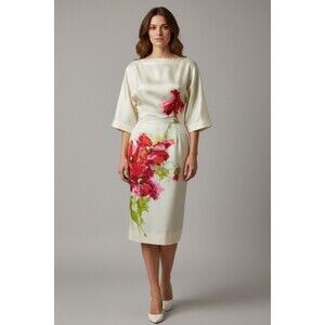 VTG Junior Accent Vintage Cream Dress 3/4 sleeve, boat neck, silk, fitted